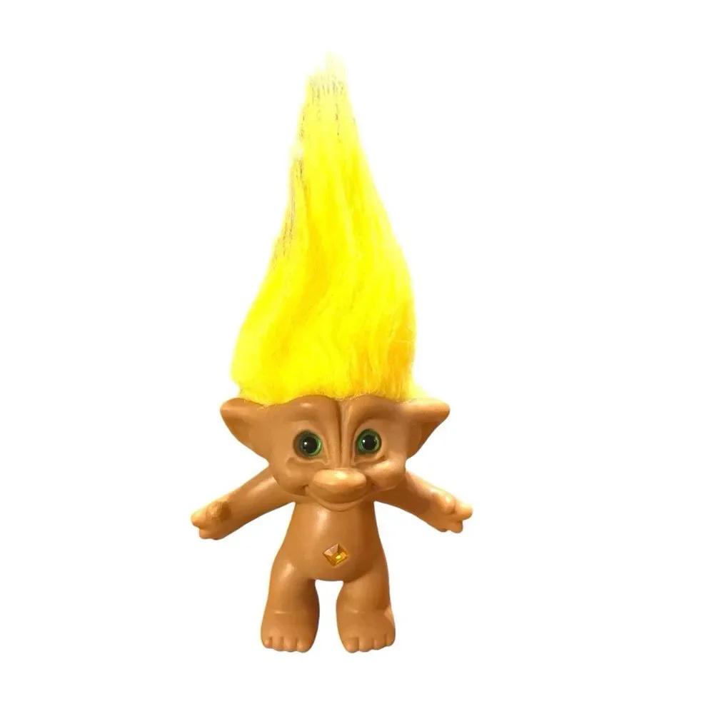 Vintage Ace Novelty Troll Doll Yellow Hair Green Eyes Diamond Belly Gem 3.5”